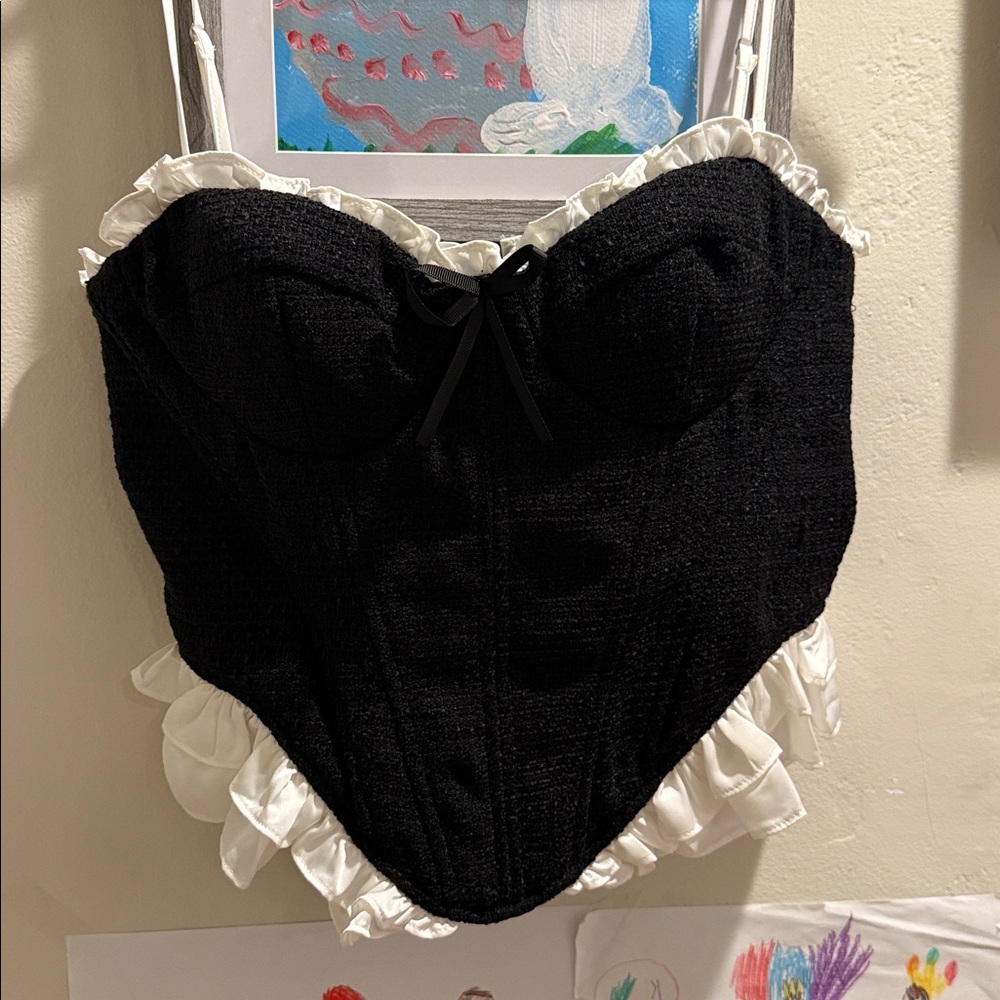 Black Corset Top with White Ruffle Trim